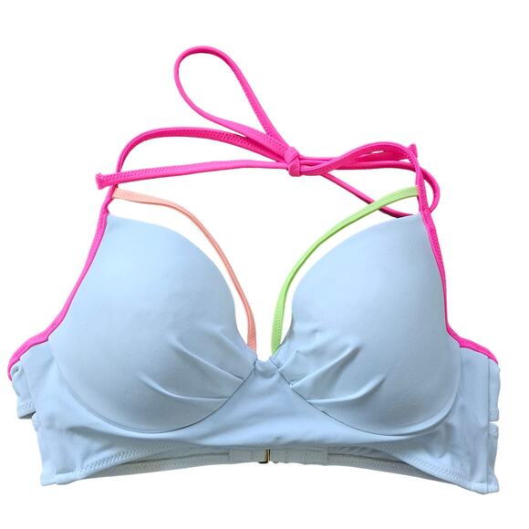 Victoria's Secret Bikini Top Push Up 34 B Strappy White Neon Multicolor Swimsuit - Picture 1 of 6